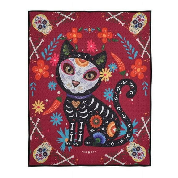 60 x 50 in. Sugar Skull Cat Day of the Dead Decorative Throw Quilt Blanket, Multi Color