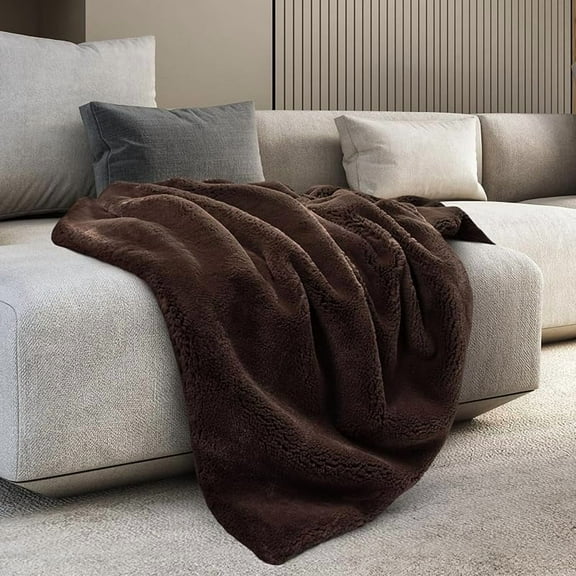 60" x 70" Embrace Foldover Faux Fur Throw, Plush Throw with 6cm Foldover for Couch, Sofa, or Bed, Ultra Soft Blanket for Sleeping or Home Decor, Chestnut