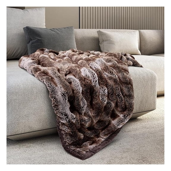 60" x 70" Reverie Faux Fur Throw, Reversible Soft Blanket for Queen-Size Bed, Couch, or Sofa, Cozy Home Decor and Stylish Living Room , Cedarwood Ruched