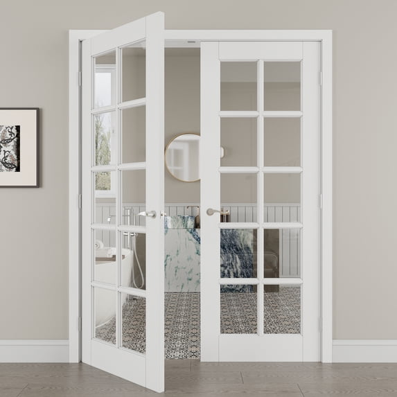 60" x 80" 10-Lite Clear Glass Double Doors with French Door Ready-to-Assemble Jamb, Solid Door, Silver Levers & Hinges, Interior Door, Pre-finished & Paintable, White