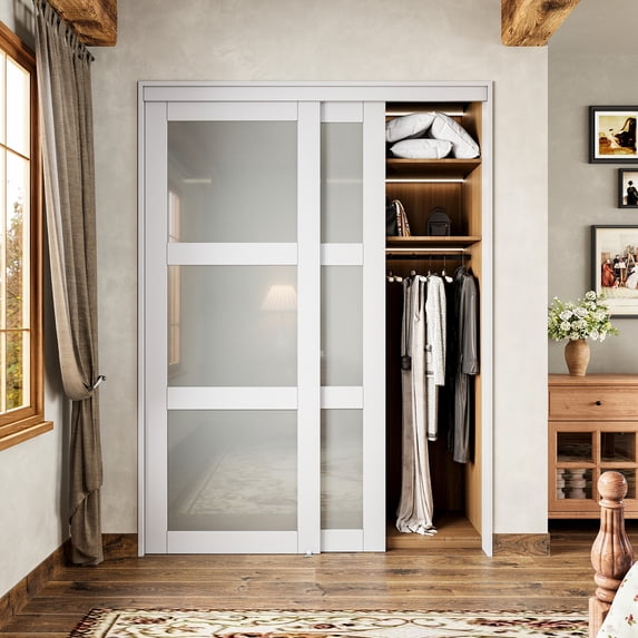60" x 80" 3 Lite Forsted Glasses Pantry & Closet Sliding Doors With Hardware Kit