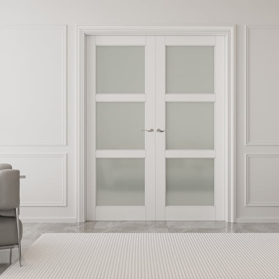60" x 80" 3-Lite Frosted Glass French Door Solid Wood Manufacture Interior Double Bathroom Door With Hardware Kit