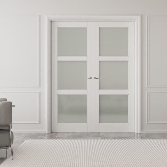 60" x 80" 3-Lite Frosted Glass French Door Solid Wood Manufacture Interior Double Bathroom Door With Hardware Kit