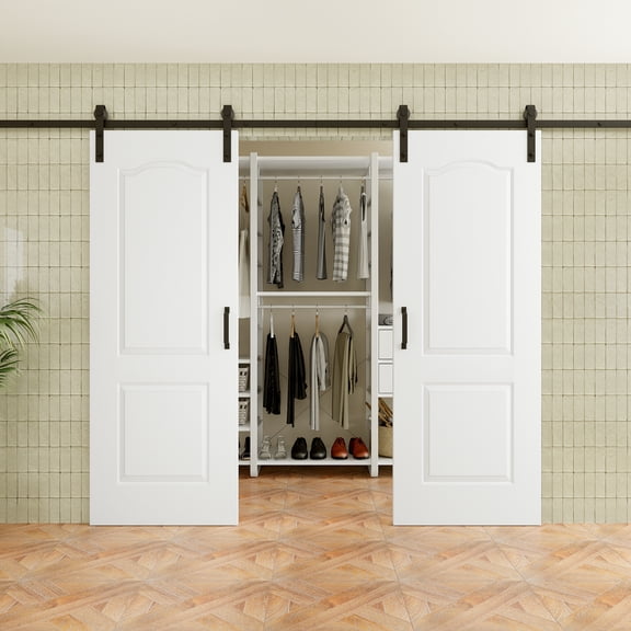 60" x 80" Arch Top 2-Lite Waterproof White Primed Solid Core Composite MDF Wood Sliding Barn Door With Hardware Kit