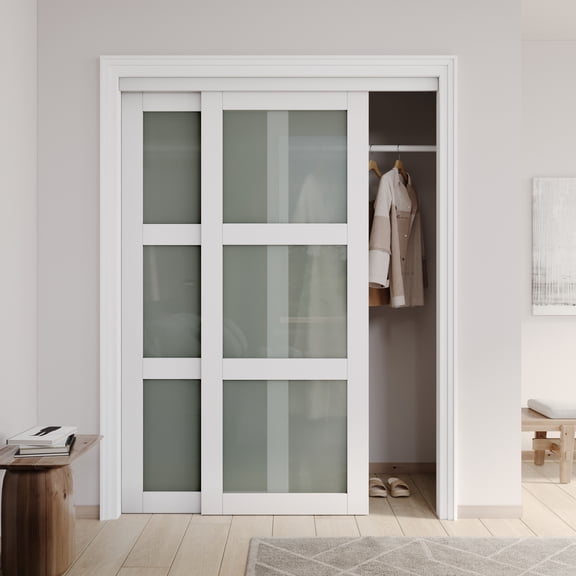 60" x 80" Assembled White Prefinished 3-Lite Tempered Frosted Glass Sliding Door With Hardware Kit