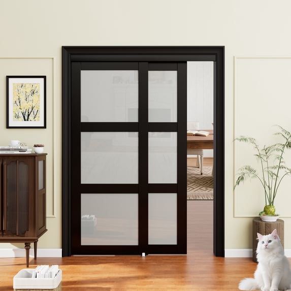 60'' x 80'' Bypass Sliding Closet Door, 3 Panel Tempered Frosted Glass & Black Wood Texture Frame, Pre-assembled Door Panels for Easy Installation