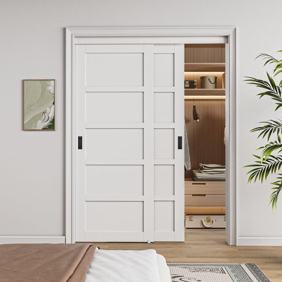 60'' x 80'' Bypass Sliding Closet Door, 5 Panel Solid Core & White Smooth Paintable Frame, Assembled Required, Complimentary Black Handles Included