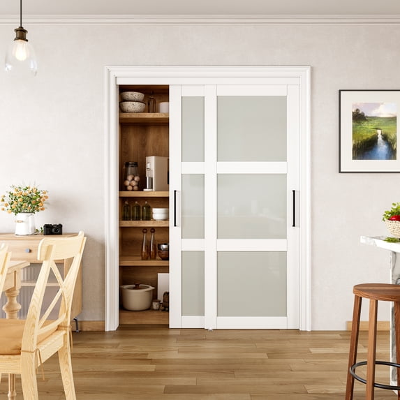 60" x 80" Closet Sliding Door Tempered Frosted 3 Lite White with Hardware & King Size Handles