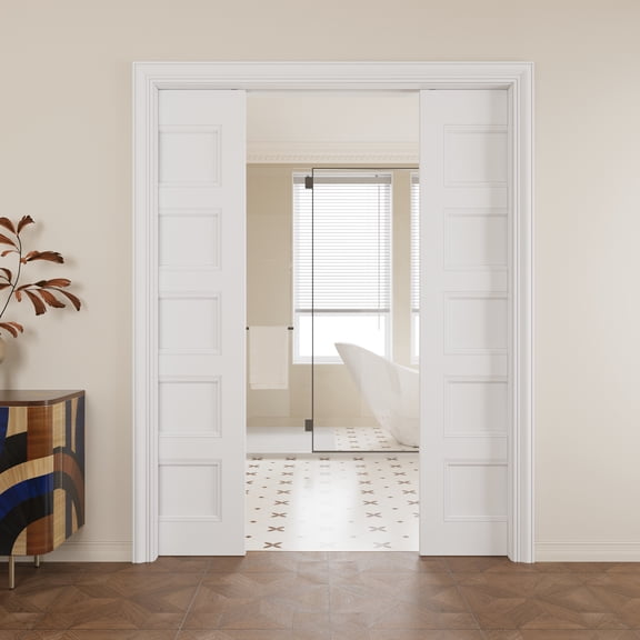 60" x 80" (Double 30") 5 Panel Pocket Doors with Soft Close, Molded Solid Core Door Panels & Pocket Doors Hardware & Frames, Bathroom Door, Bedroom Door, Pre-finished & Paintable, White