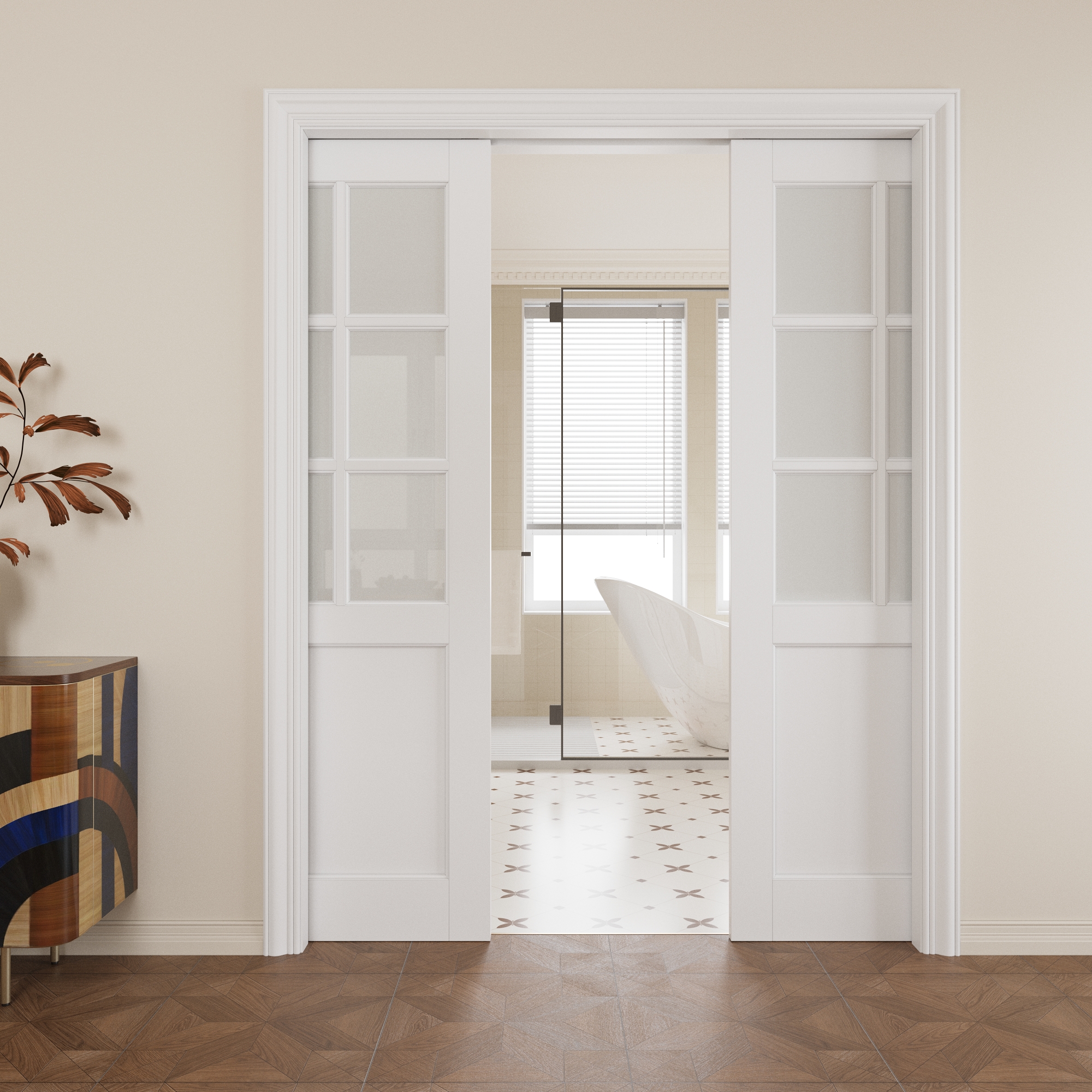 60" x 80" (Double 30") 6-Lite Frosted Glass Pocket Doors with Soft ...