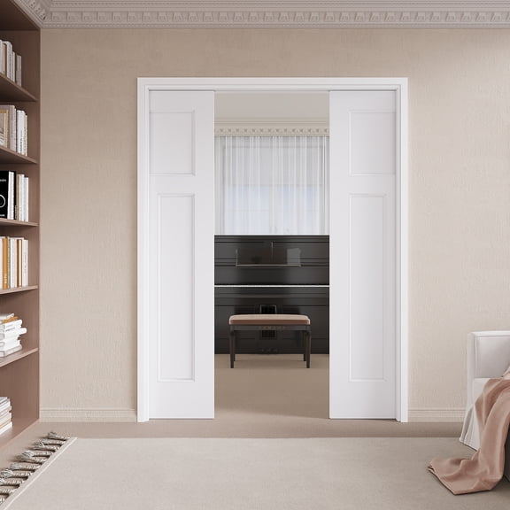 60" x 80" (Double 30") T Shape Pocket Doors with Soft Close, Molded Solid Core Door Panels & Pocket Doors Hardware & Frames, Bathroom Door, Bedroom Door, Pre-finished & Paintable, White