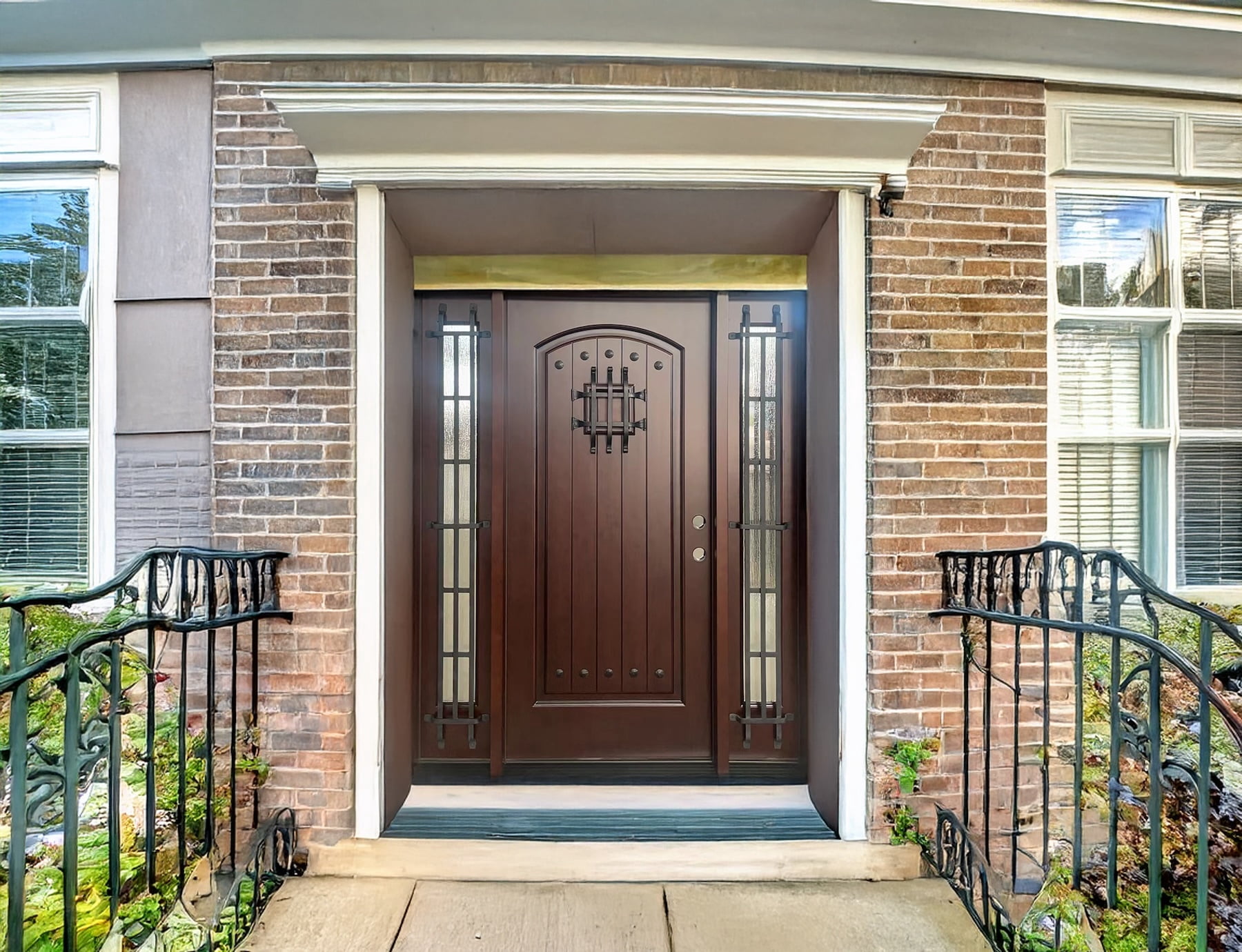 60" x 80" Environment Damage Resistant Polyurethane Composite Exterior Entry House Front Door, Openable Tempered Rain Glass Window, Left-Hand Double Door Inward Swing Dark Walnut FRR-VRR