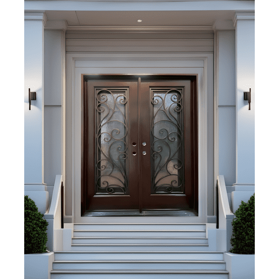 60" x 80" Environment Damage Resistant Polyurethane Composite Exterior Entry House Front Door, Openable Tempered Rain Glass Window, Right-Hand Double Door Inward Swing Dark Walnut FR08C