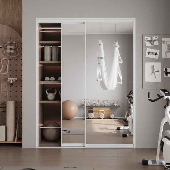 60" x 80" H Aluminum Frame 1 Lite Tempered Mirrored Sliding Closet Doors with Installation Hardware Kit