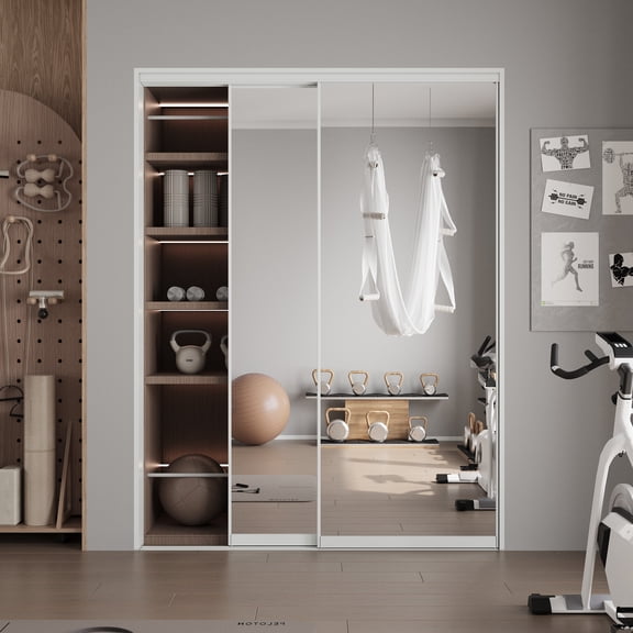 60" x 80" H Aluminum Frame 1 Lite Tempered Mirrored Sliding Closet Doors with Installation Hardware Kit