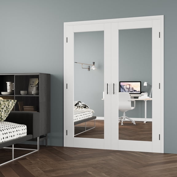 60" x 80" Mirror Double Doors with French Door Ready-to-Assemble Jamb, Black Ball Catch, Interior Door, Pre-finished & Paintable, One Side Mirror & the Other White Panel