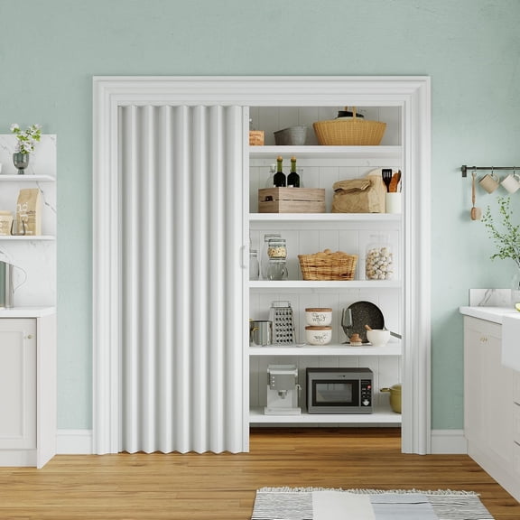 60" x 80" PVC Interior Accordion Door, Suitable for Door Opening Width: 49"-60", White Folding Doors with Strong Magnet Closes Tightly, Trimmable Height & Width, Warm-Retaining and Easy to Clean