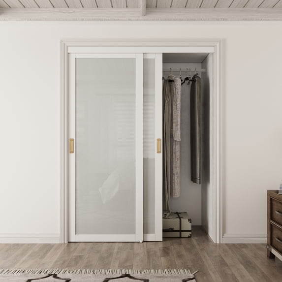 60" x 80" Tempered Frosted Glass Sliding Closet Door - Space-Saving White MDF Pantry Door With Hardware, Modern Frosted Glass Design