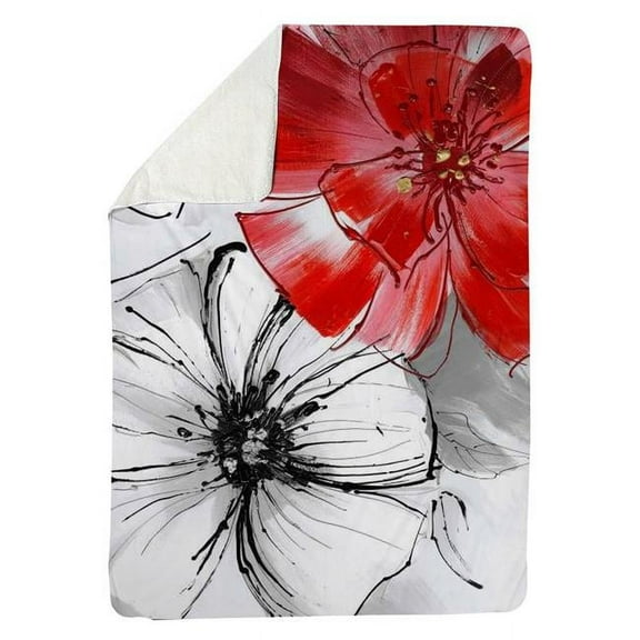 60 x 80 in. Red & White Flowers Sketch-Sherpa Fleece Blanket