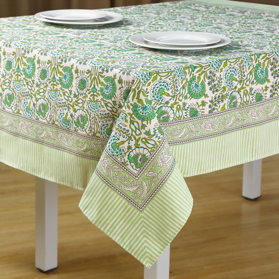 60'''' x 84'''' Agate Green Cotton Tablecloth Handmade Indian Block Print Floral Tablecloth Dust Proof Square Table Cover for Kitchen Dining Wedding Party Holiday Buffet Farmhouse