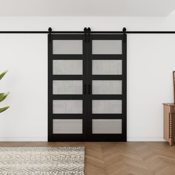 60'' x 84'' Black PVC Surface | Solid Core Wood | 5-Lite Frosted Glass Sliding Barn Door | With Installation Hardware Kit