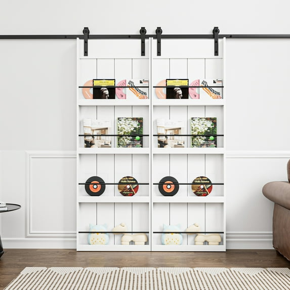60'' x 84'' Bookshelf Barn Doors and Hardware Included, White Smooth Paintable Panels & Barn Door Hardware Kit & Track Joint, Easy Assembly with Pre-Drilled Holes
