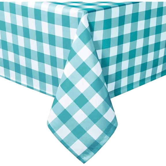 60 x 84 Inch Checkered Tablecloth Rectangle - Waterproof and Wrinkle Resistant Table Cloth for Picnic, Dinner and Party, Washable Polyester Fabric, Turquoise and White Gingham Pattern