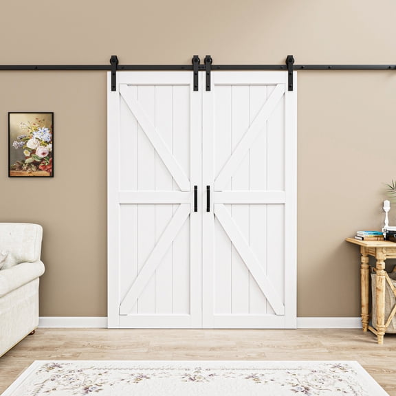 60'' x 84'' Sliding Barn Doors and Hardware Included, White Smooth Paintable Panels & Barn Door Hardware Kit & Track Joint, Easy Assembly with Pre-Drilled Holes, K Frame-Fit Max Opening 60in x 84in