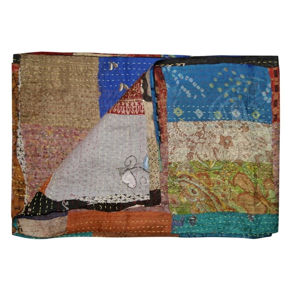60" x 90" Multicolor Kantha Silk Throw Quilt Blanket