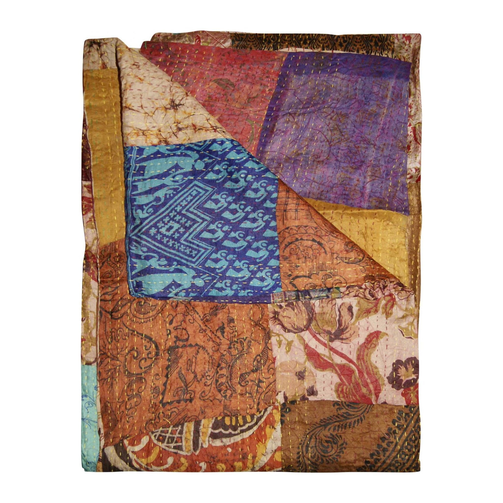 60" x 90" Multicolor Cotton Kantha Throw Blanket