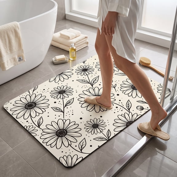 60 x 90 cm Faux Diatomite Bathroom Mat, 2.5 cm Thick Black and Cream Daisy Flower Floor Rug, Rounded Rectangular Bath Mat for Shower, Bathtub, Vanity, Bedroom and Home Decor