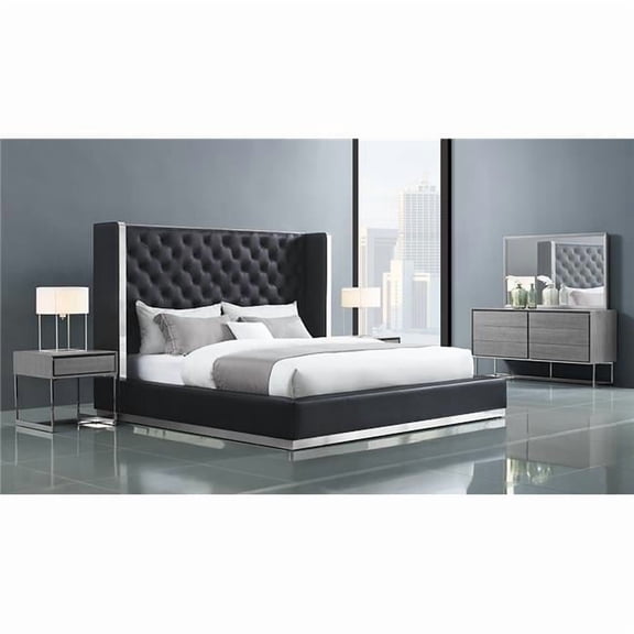 60 x 91 x 91 in. Faux Leather Bed, Black - King Size