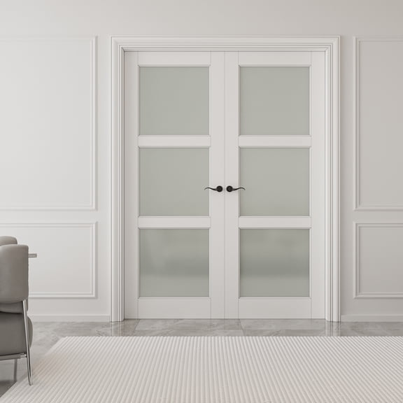60" x 96" 3-Lite Frosted Glass French Door Solid Wood Manufacture Interior Double Bathroom Door With Hardware Kit