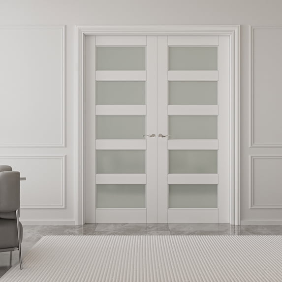60" x 96" 5-Lite Frosted Glass French door Wood And Manufacturing Wood French Door With Hardware Kit