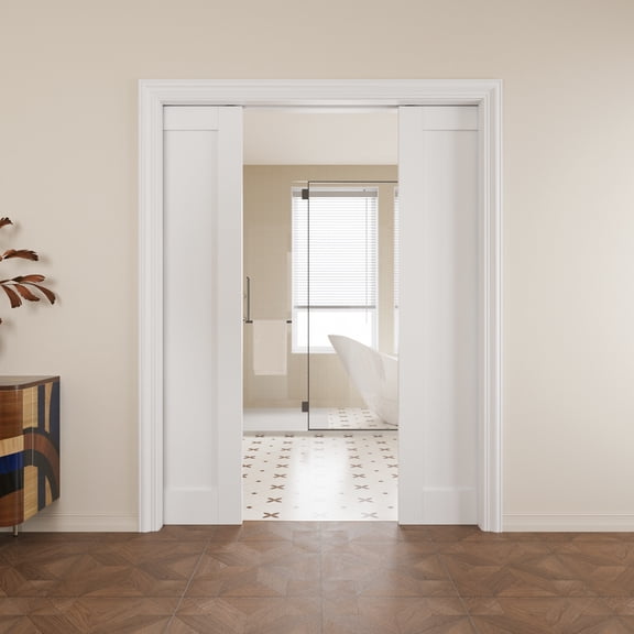 60" x 96" (Double 30") 1 Panel Pocket Doors with Soft Close, Solid Core Door Panels & Pocket Doors Hardware & Frames, Bathroom Door, Bedroom Door, Pre-finished & Paintable, White