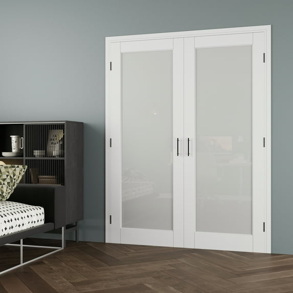 60" x 96" Frosted Glass Double Doors with French Door Ready-to-Assemble Jamb, Solid Door, Black Ball Catch, Interior Door, Pre-finished & Paintable, White