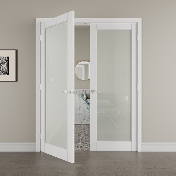 60" x 96" Frosted Glass Double Doors with French Door Ready-to-Assemble Jamb, Solid Door, Silver Levers & Hinges, Interior Door, Pre-finished & Paintable, White