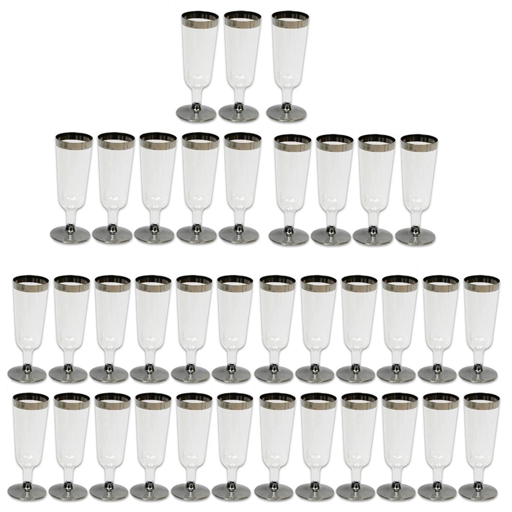60 x Champagne Flute Disposable Wedding Party Plastic Silver Rimmed Wine Glass