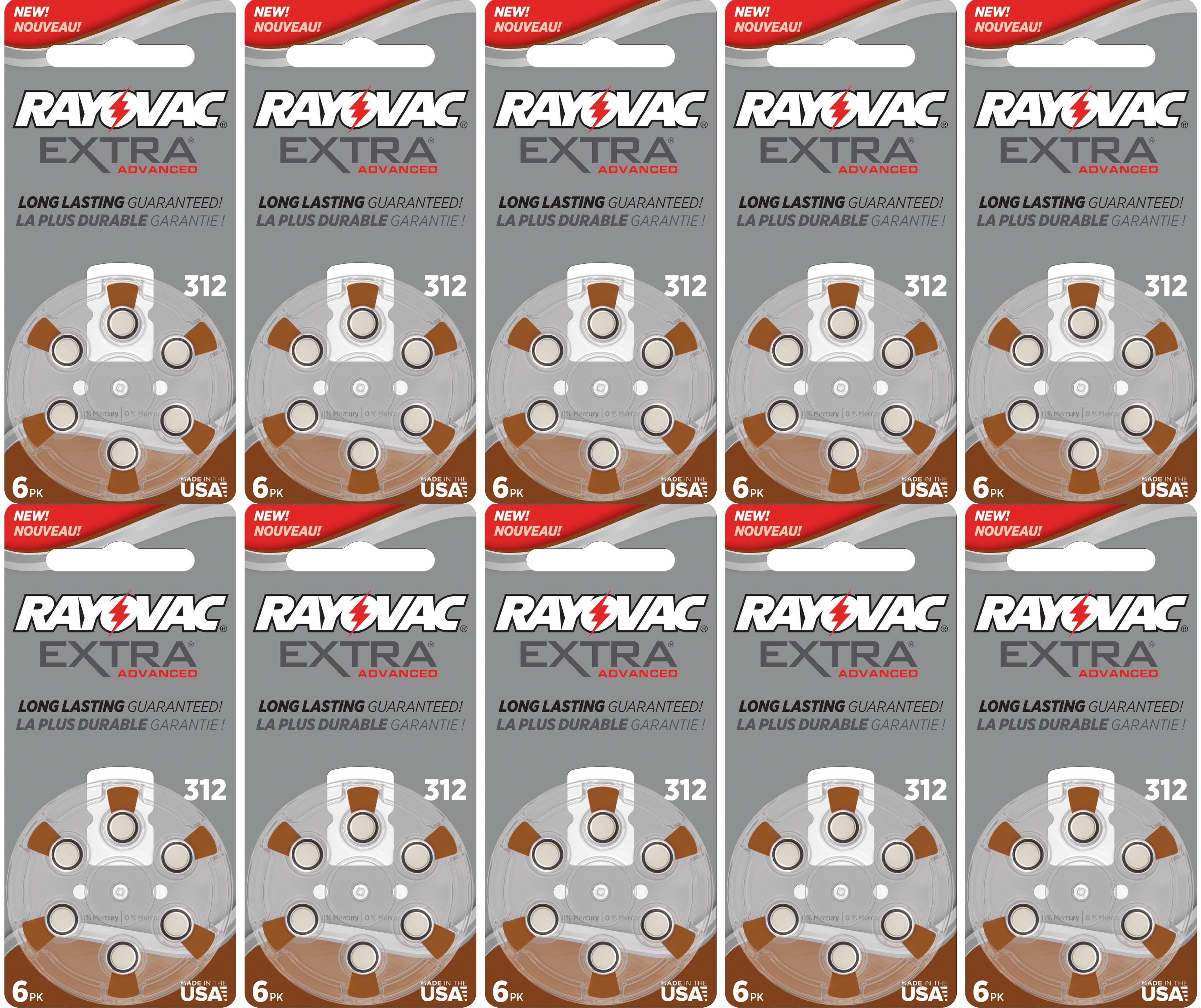 60 x Size 312 Rayovac Extra Advanced Hearing Aid Batteries 
