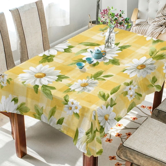 60"x120"Square Washable Wrinkle Resistant Heat Resistant Table Cloth Decorative Table Cover for Kitchen Dining Room, Multiple Sizes Available Yellow Gingham with Daisies Pattern