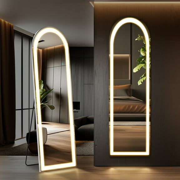 60"x16" Arched LED Full Length Mirror, 3 Color Dimmable Floor Standing Mirror with Stand for Bedroom Dressing Room