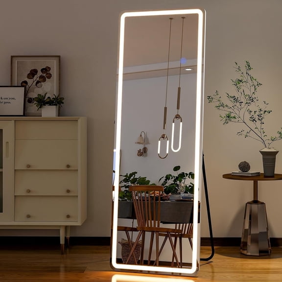 60"x16" Floor Mirror with LED Light, Full Length Mirror with Stand, Hanging Mirror Wall Mounted Mirror with Dimming & 3 Color Lighting