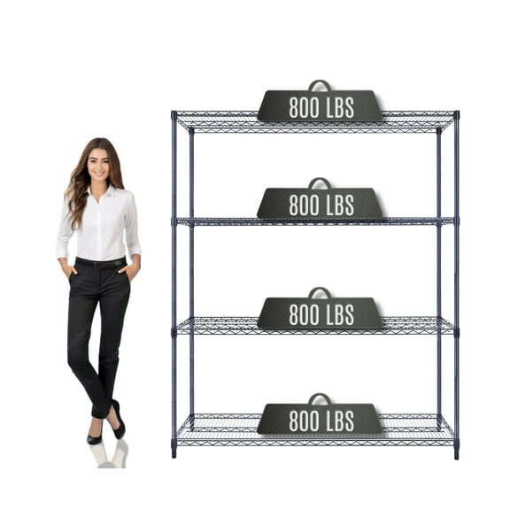 60"x18"x72" Prime Heavy Duty Black 4-Tier Wire Shelving NSF 3200 LBS MAX Capacity Storage Rack for Commercial, Hospital, School, Garage, and Kitchen Uses (with Wheels)