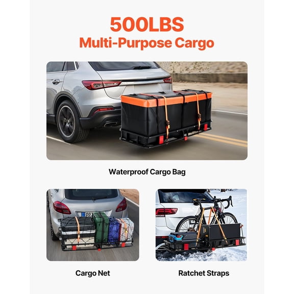 60"x24"x6",Hitch Cargo Carrier,500 lbs Capacity Hitch Cargo Carrier with Cargo Net with Hook&Waterproof Cargo Bag,Folding Hitch Mount Cargo Carrier with Ratchet Straps,Fit for SUVs