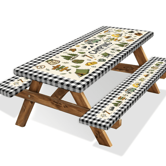 60"x30" Picnic Table Cover with Bench Covers 3-Piece Set Camping Essentials Waterproof Windproof Outdoor Tablecloth with Drawstring Bag, Fitted Rectangle Tables and Seats for Camping, BBQ