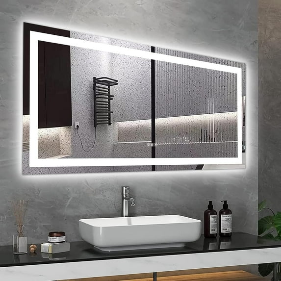 60"x32" LED Bathroom Mirror with Black Frame, Gradient Front and Backlit Vanity Mirror, Dimmable in 3 Colors, Anti-Fog, Shatter-Proof, and Memory Function