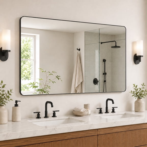 60"x36 Wall Mirror Rounded Corners Hanging Vanity Mirror Matte Black Modern Rectangular Aluminum Framed Mirror