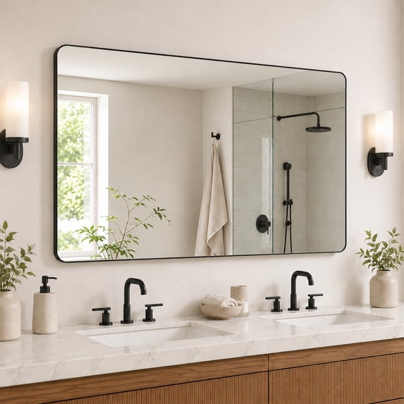 60"x36 Wall Mirror Rounded Corners Hanging Vanity Mirror Matte Black Modern Rectangular Aluminum Framed Mirror