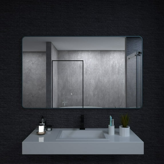 Niveal 60"x36 Wall Mirror Rounded Corners Hanging Vanity Mirror Navy Blue Modern Rectangular Aluminum Framed Mirror