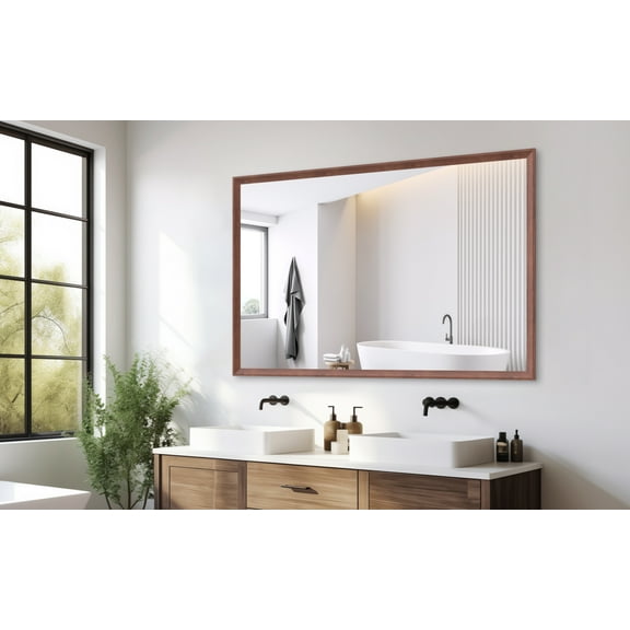 60"x40" Oversized Modern Rectangle Bathroom Mirror with walnut Frame Decorative Large Wall Mirrors for Bathroom Living Room Bedroom Vertical or Horizontal Wall Mounted mirror with Aluminum Frame